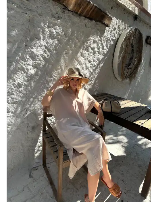 Bohem Taş Keten Polo Yaka Elbise