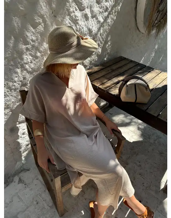 Bohem Taş Keten Polo Yaka Elbise