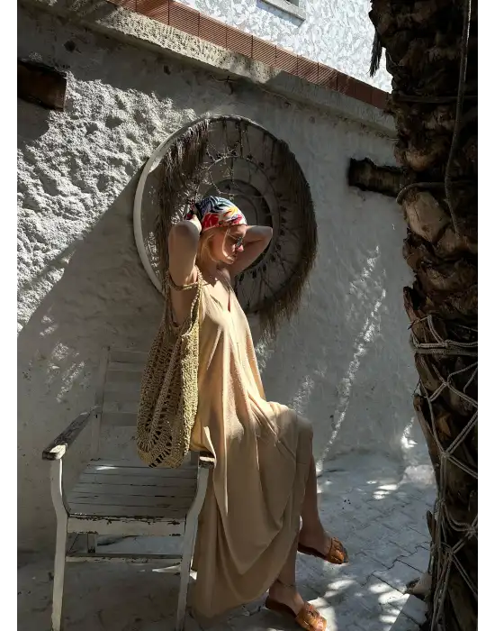 Bohemian Bej Ayarlanabilir İp Askılı Salaş Elbise