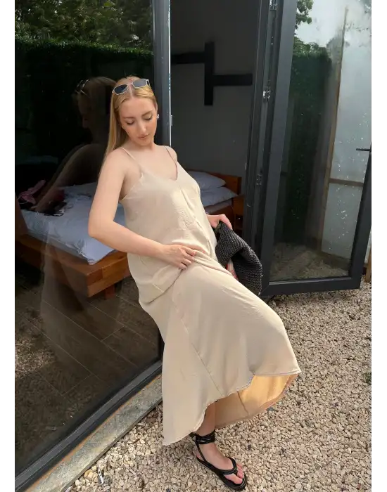 Bohemian Bej Ayarlanabilir İp Askılı Salaş Elbise