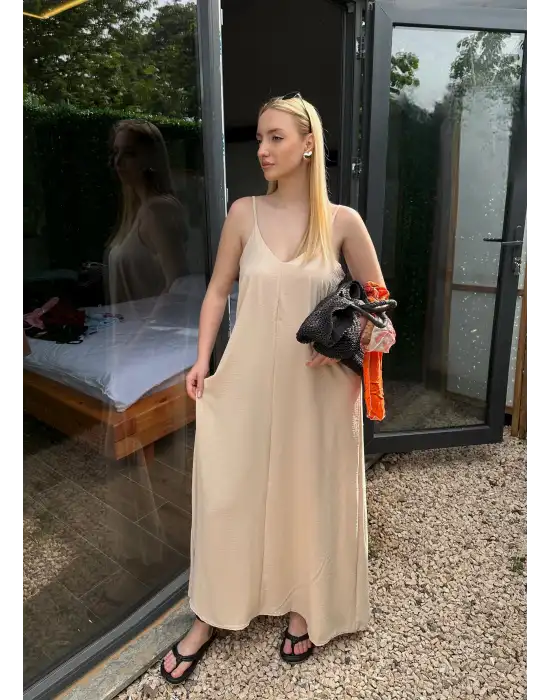 Bohemian Bej Ayarlanabilir İp Askılı Salaş Elbise