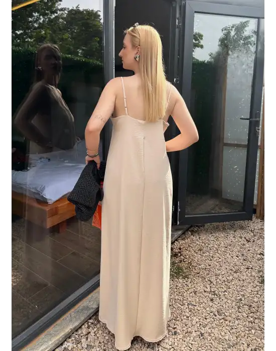 Bohemian Bej Ayarlanabilir İp Askılı Salaş Elbise