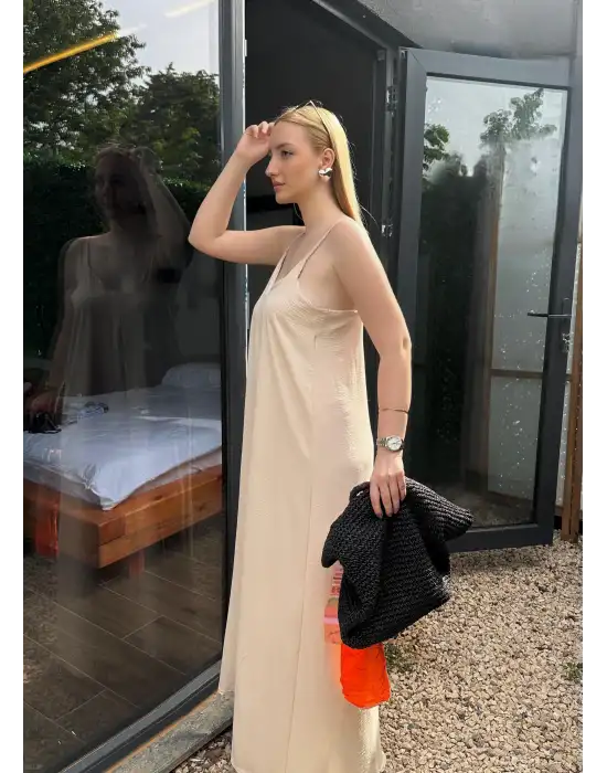 Bohemian Bej Ayarlanabilir İp Askılı Salaş Elbise