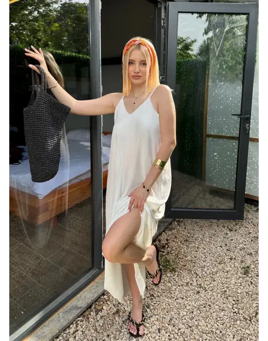 Bohemian Beyaz Ayarlanabilir İp Askılı Salaş Elbise