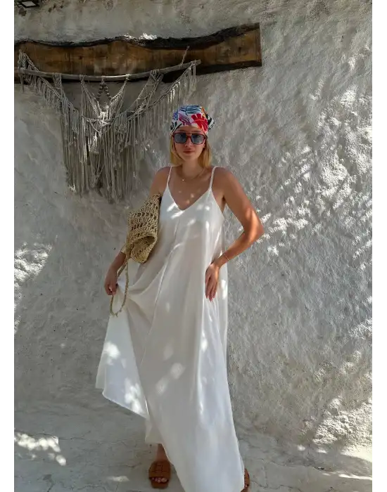 Bohemian Beyaz Ayarlanabilir İp Askılı Salaş Elbise