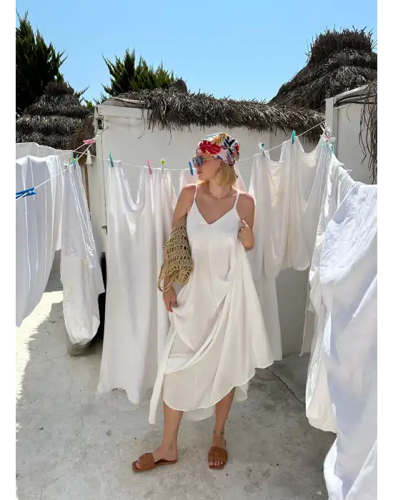 Bohemian Beyaz Ayarlanabilir İp Askılı Salaş Elbise