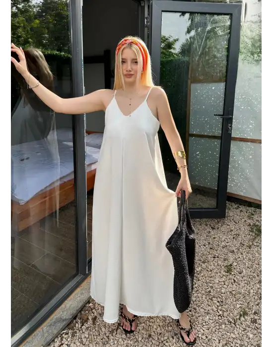 Bohemian Beyaz Ayarlanabilir İp Askılı Salaş Elbise