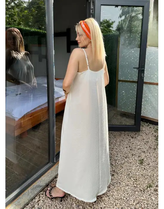 Bohemian Beyaz Ayarlanabilir İp Askılı Salaş Elbise