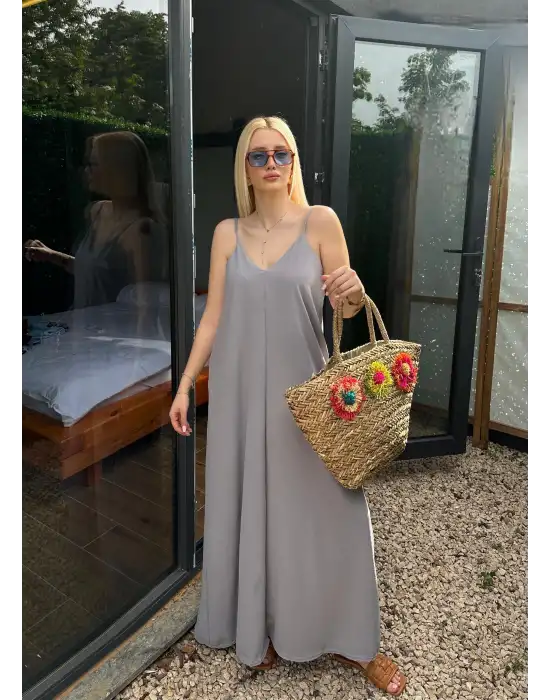 Bohemian Gri Ayarlanabilir İp Askılı Salaş Elbise