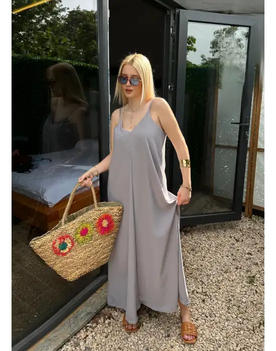 Bohemian Gri Ayarlanabilir İp Askılı Salaş Elbise