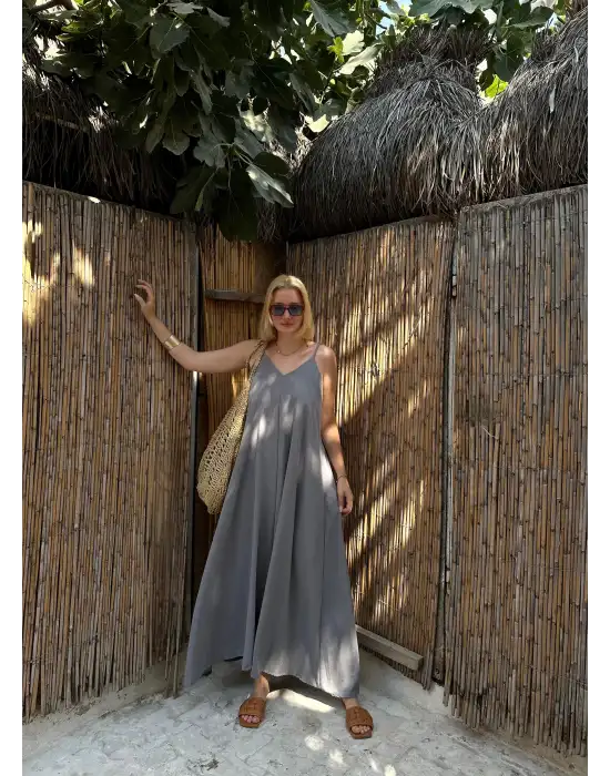 Bohemian Gri Ayarlanabilir İp Askılı Salaş Elbise