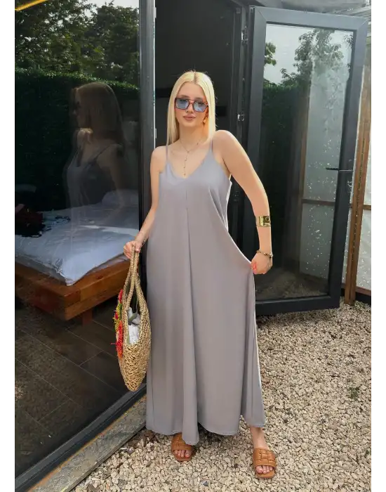 Bohemian Gri Ayarlanabilir İp Askılı Salaş Elbise