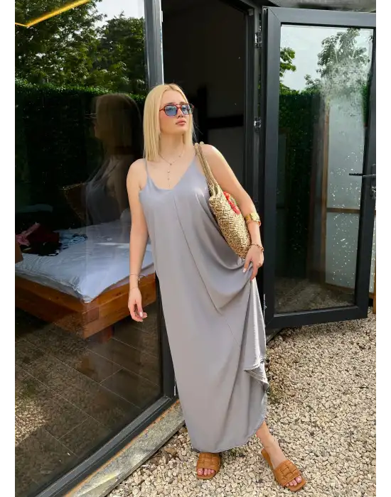 Bohemian Gri Ayarlanabilir İp Askılı Salaş Elbise