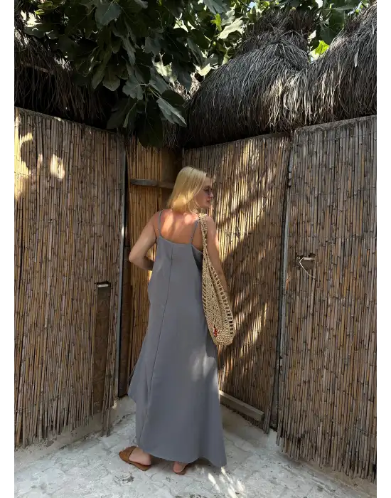 Bohemian Gri Ayarlanabilir İp Askılı Salaş Elbise