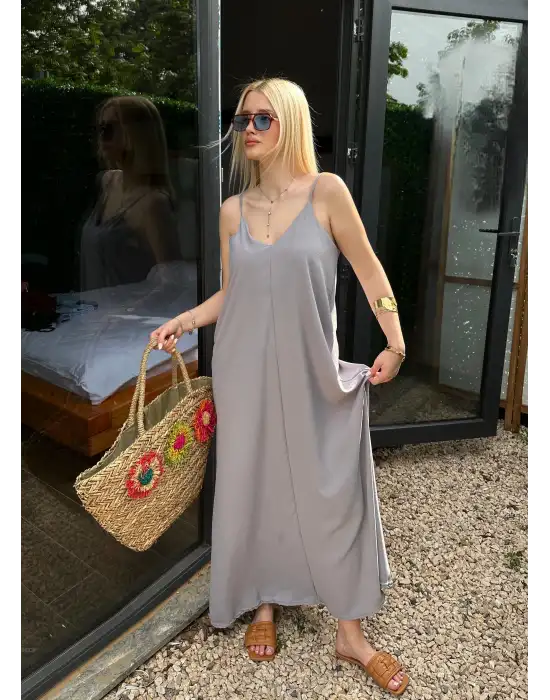 Bohemian Gri Ayarlanabilir İp Askılı Salaş Elbise