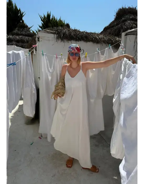 Bohemian Beyaz Ayarlanabilir İp Askılı Salaş Elbise