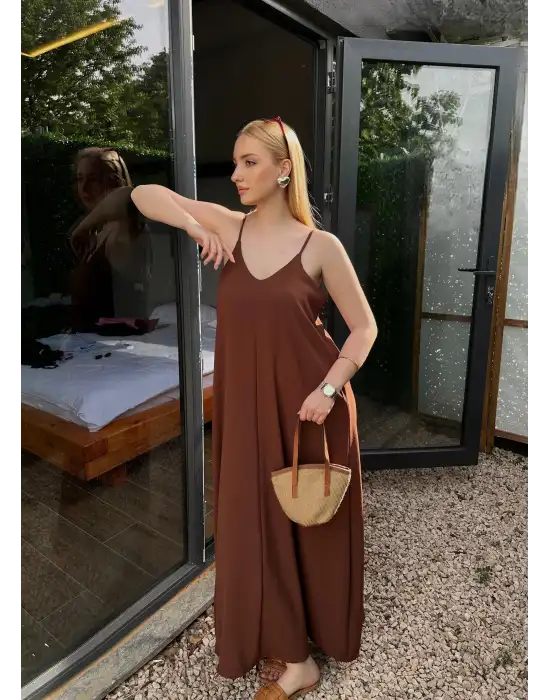 Bohemian Kahve Ayarlanabilir İp Askılı Salaş Elbise