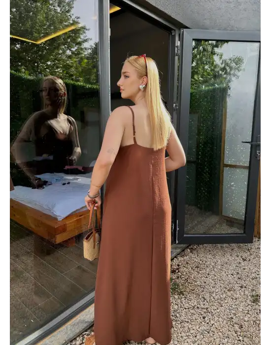 Bohemian Kahve Ayarlanabilir İp Askılı Salaş Elbise