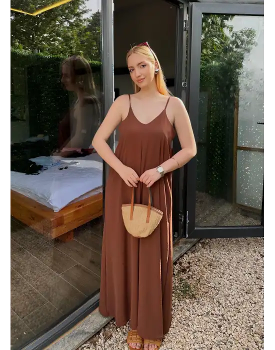 Bohemian Kahve Ayarlanabilir İp Askılı Salaş Elbise