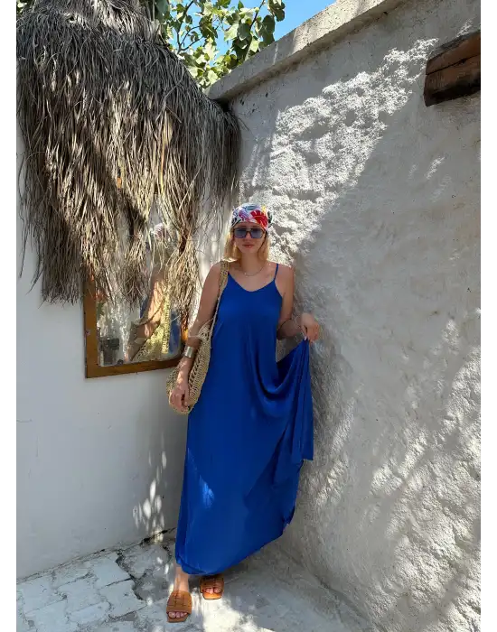 Bohemian Saks Mavi Ayarlanabilir İp Askılı Salaş Elbise