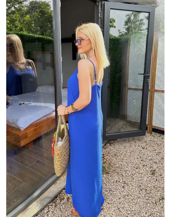 Bohemian Saks Mavi Ayarlanabilir İp Askılı Salaş Elbise