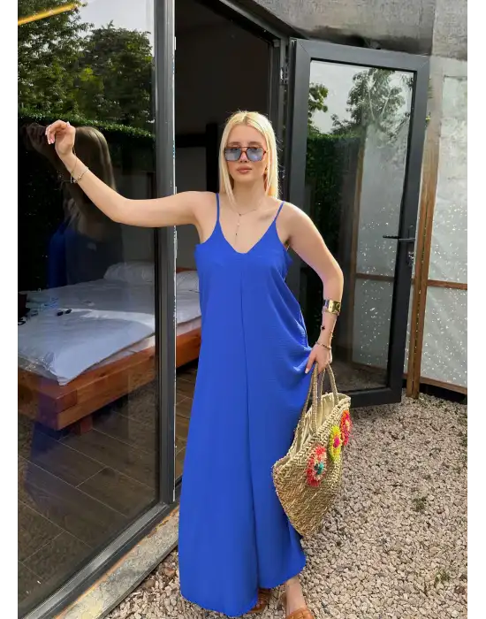 Bohemian Saks Mavi Ayarlanabilir İp Askılı Salaş Elbise