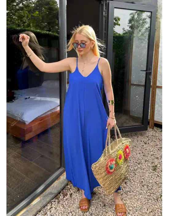 Bohemian Saks Mavi Ayarlanabilir İp Askılı Salaş Elbise