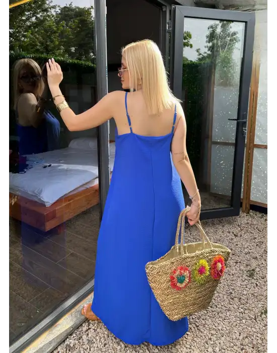 Bohemian Saks Mavi Ayarlanabilir İp Askılı Salaş Elbise