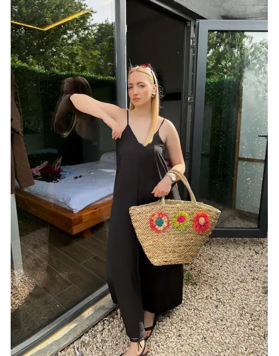 Bohemian Siyah Ayarlanabilir İp Askılı Salaş Elbise