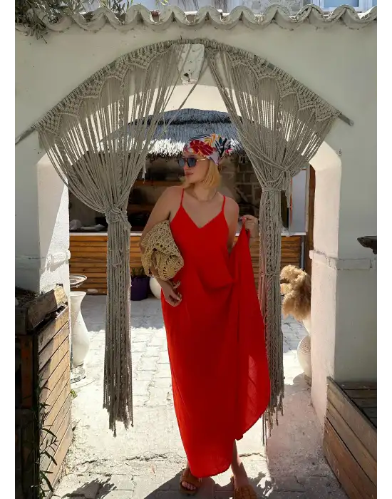 Bohemian Turuncu Ayarlanabilir İp Askılı Salaş Elbise