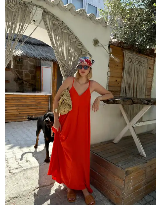 Bohemian Turuncu Ayarlanabilir İp Askılı Salaş Elbise