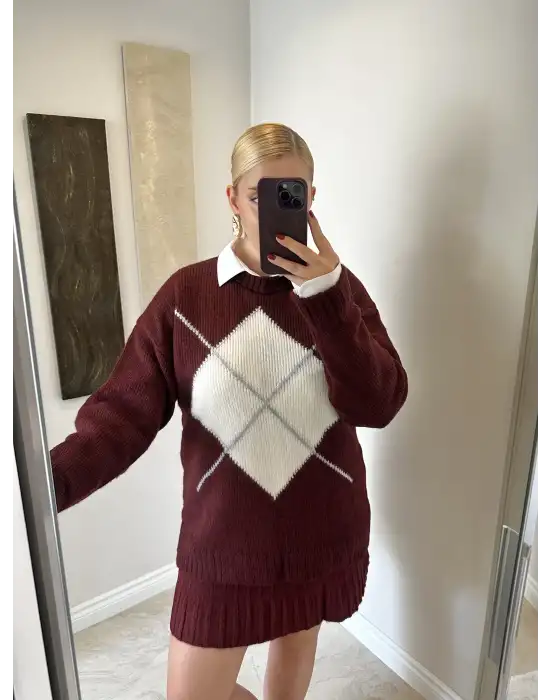 Bordo Baklava Desen Triko Oversize Kazak