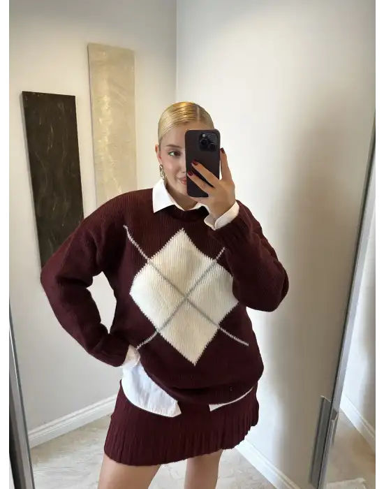 Bordo Baklava Desen Triko Oversize Kazak