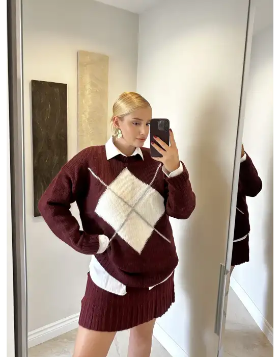 Bordo Baklava Desen Triko Oversize Kazak