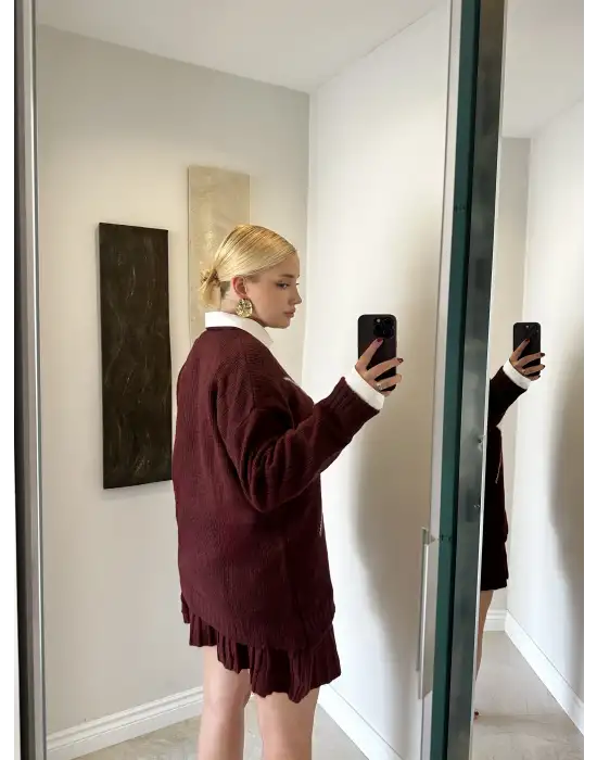 Bordo Baklava Desen Triko Oversize Kazak