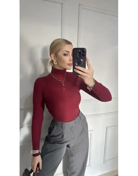 Bordo Balıkçı Yaka Kaşkorse Boğazlı Kazak