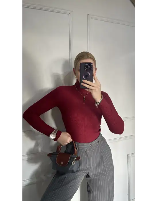 Bordo Balıkçı Yaka Kaşkorse Boğazlı Kazak