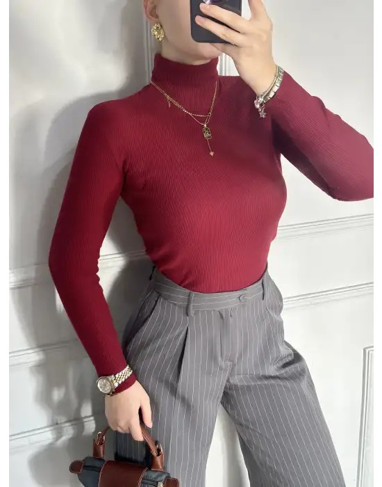 Bordo Balıkçı Yaka Kaşkorse Boğazlı Kazak