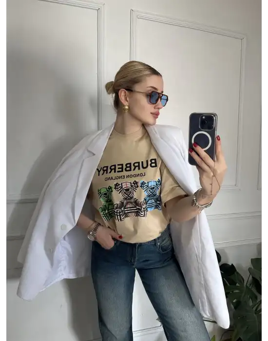 Burbe Bej Ayıcık Baskılı %100 Pamuk Orijinal Marka Etiketli Oversize Tshirt