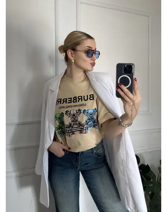 Burbe Bej Ayıcık Baskılı %100 Pamuk Orijinal Marka Etiketli Oversize Tshirt