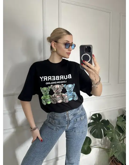 Burbe Siyah Ayıcık Baskılı %100 Pamuk Orijinal Marka Etiketli Oversize Tshirt