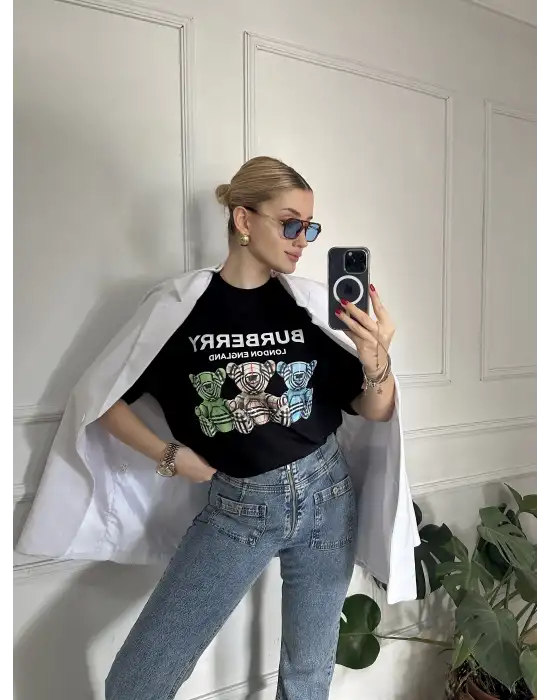 Burbe Siyah Ayıcık Baskılı %100 Pamuk Orijinal Marka Etiketli Oversize Tshirt