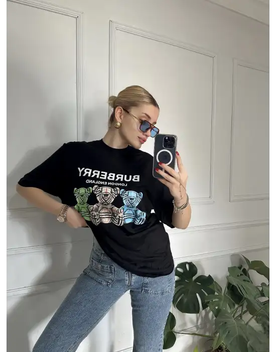 Burbe Siyah Ayıcık Baskılı %100 Pamuk Orijinal Marka Etiketli Oversize Tshirt