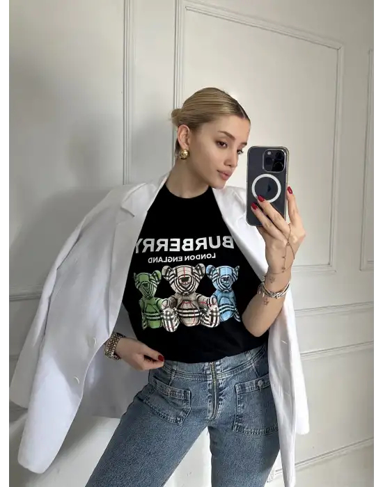 Burbe Siyah Ayıcık Baskılı %100 Pamuk Orijinal Marka Etiketli Oversize Tshirt