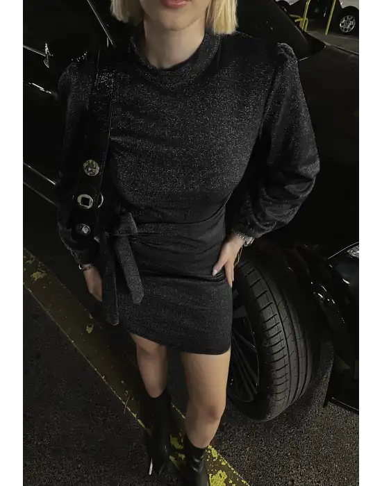 Denia Siyah Gri Simli Kurdele Detay Elbise