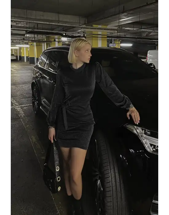 Denia Siyah Gri Simli Kurdele Detay Elbise