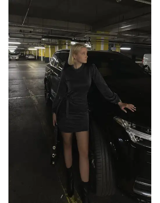 Denia Siyah Gri Simli Kurdele Detay Elbise