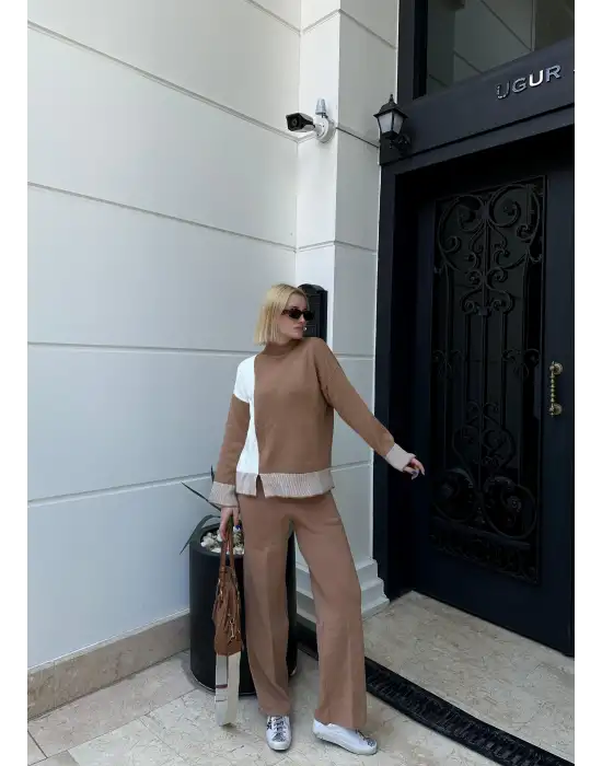 Duel Balıkçı Yaka Kazak/Pantolon Kahve Triko Takım