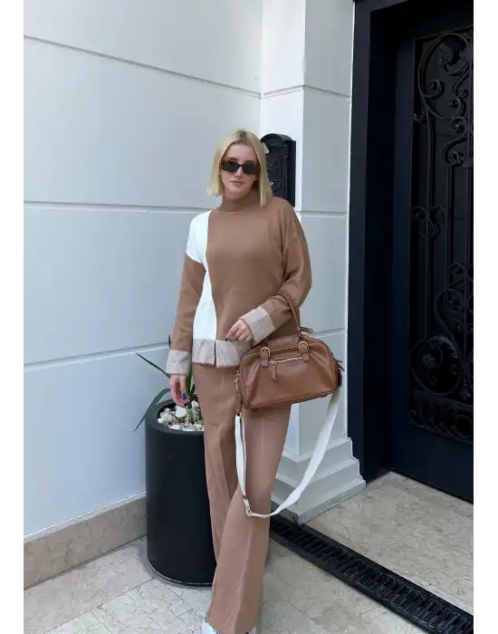 Duel Balıkçı Yaka Kazak/Pantolon Kahve Triko Takım