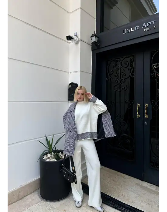 Duel Balıkçı Yaka Kazak/Pantolon Beyaz Triko Takım